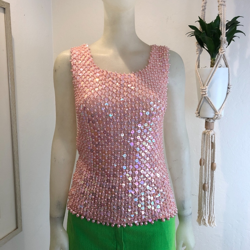 SOLD // Vintage 1960s Size M Beaded Blush Tank